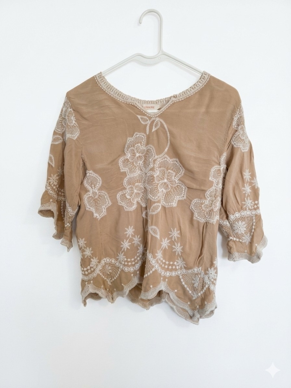 Solitaire Tan Peasant Blouse with White Floral Embroidery